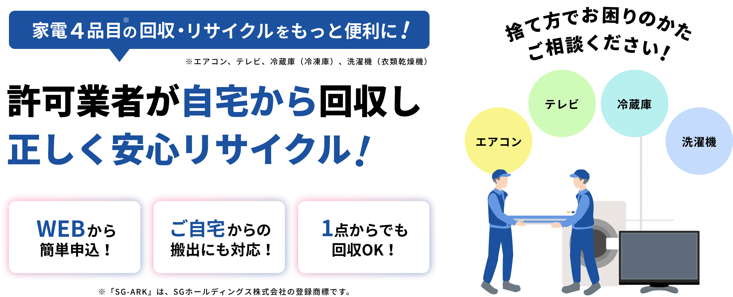 家電4品目の回収リサイクルをもっと便利に!※エアコン、テレビ、冷蔵庫（冷凍庫）、洗濯機（衣類乾燥機） 許可業者が自宅から回収し正しく安心リサイクル! WEBから簡単申込！ ご自宅からの搬出にも対応！ 1点からでも回収OK！ ※「SG-ARK」は、SGホールディングス株式会社の登録商標です。 捨て方でお困りのかたご相談ください！エアコン テレビ 冷蔵庫 洗濯機
